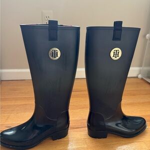 Tommy Hilfiger Black Tall Logo Rain Boots with Gold Emblem